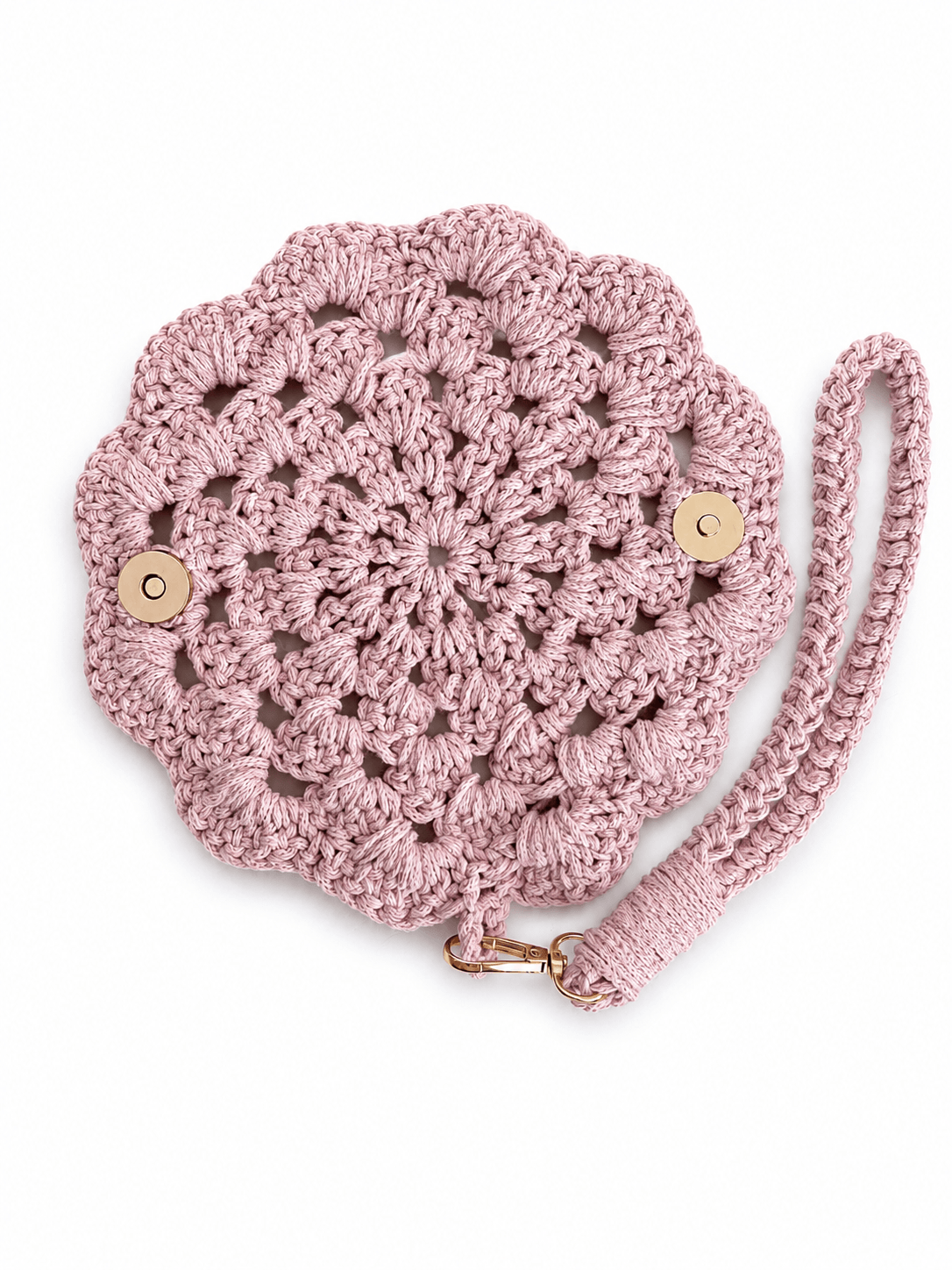 Second studio view of the dusty-lavender crocheted Bloom Eyewear Sleeve, showing its floral crochet construction and gold-tone hardware.