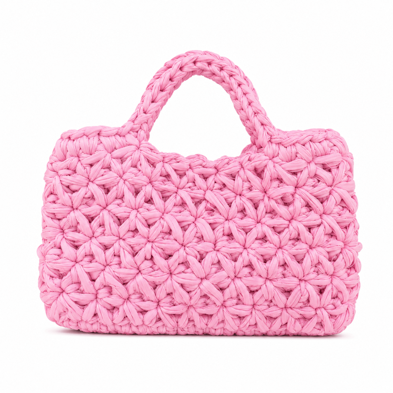 Bubblegum pink crochet handbag with floral stitches and two rounded handles.