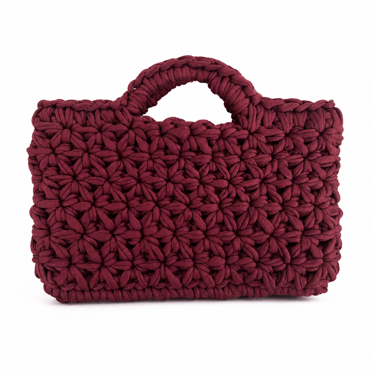 Deep burgundy crochet handbag with floral stitches and two rounded handles.