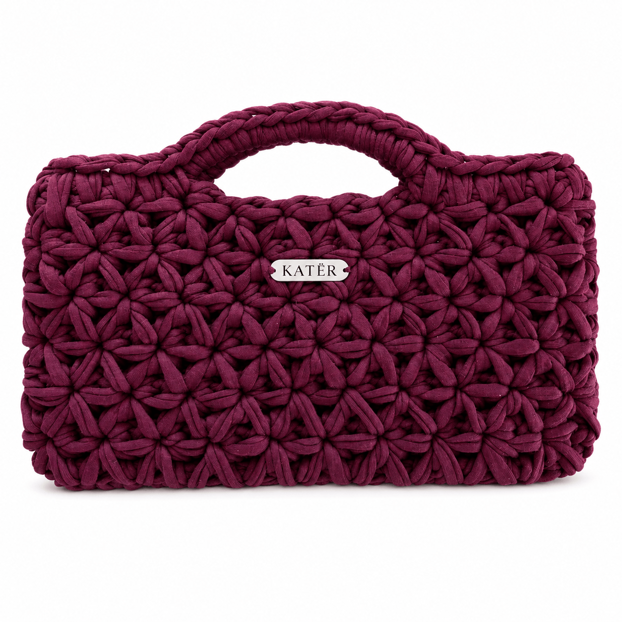 Deep burgundy crochet handbag with floral stitches and two rounded handles.