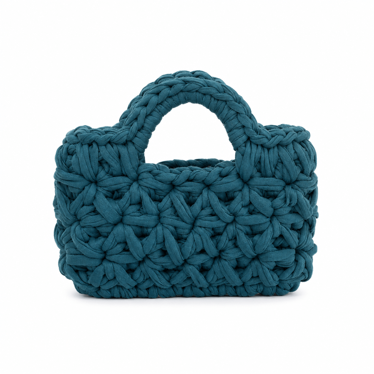 Deep teal crochet handbag with floral stitches and two rounded handles.