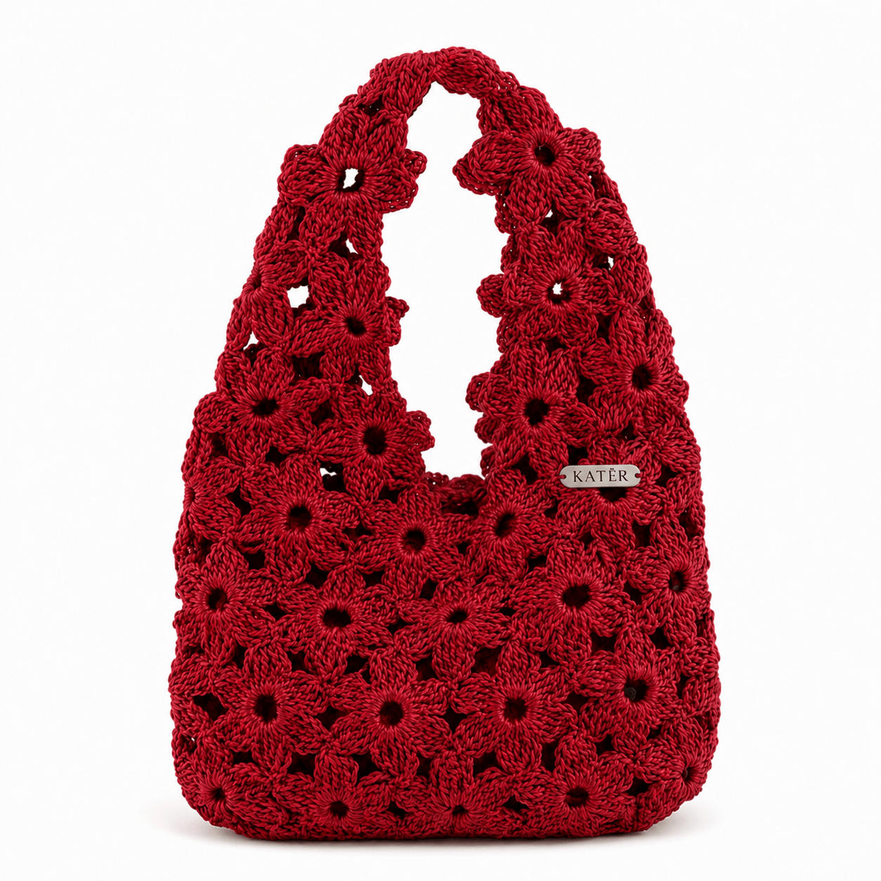 Deep crimson red crochet shoulder bag made from connected flower motifs.