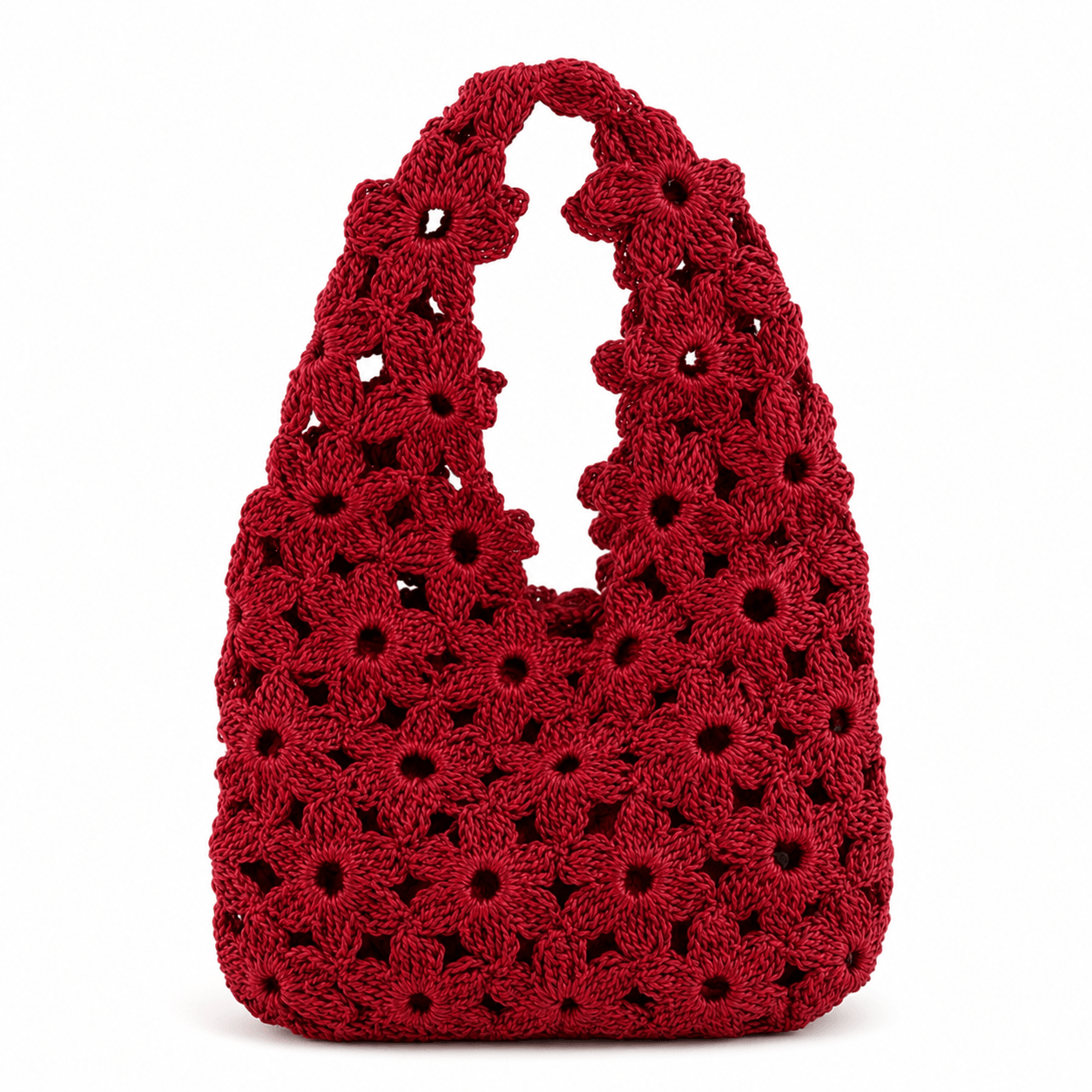 Deep crimson red crochet shoulder bag made from connected flower motifs.