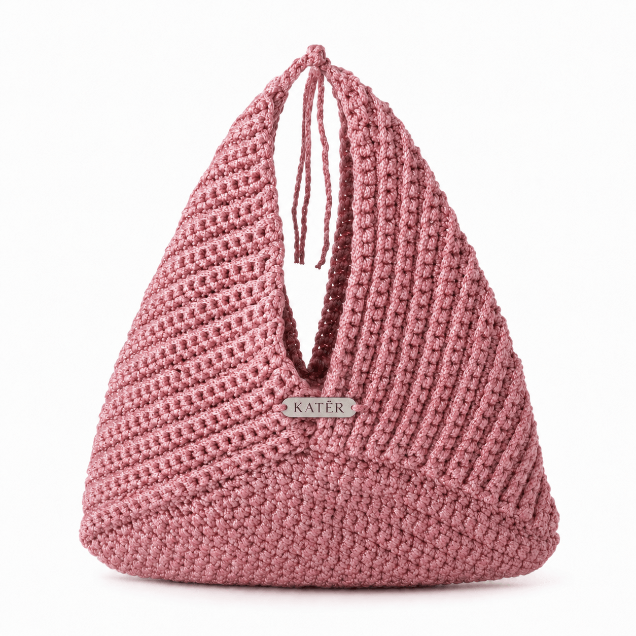 Dusty rose triangular crochet handbag with long integrated handles.