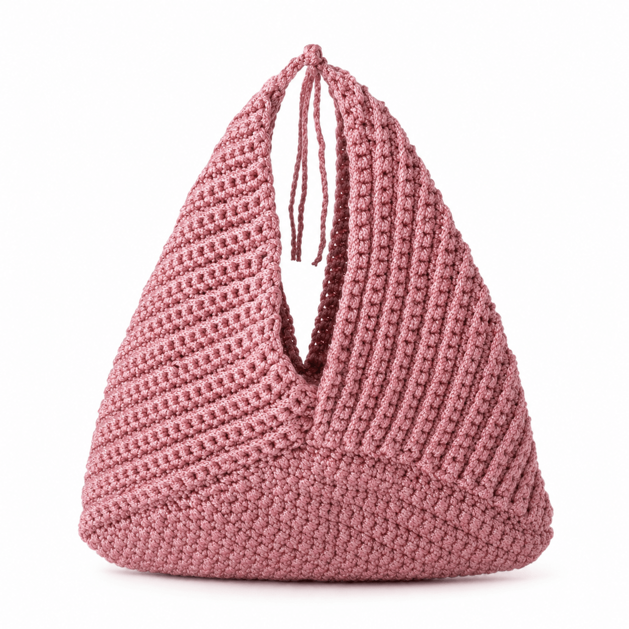 Dusty rose triangular crochet handbag with long integrated handles.