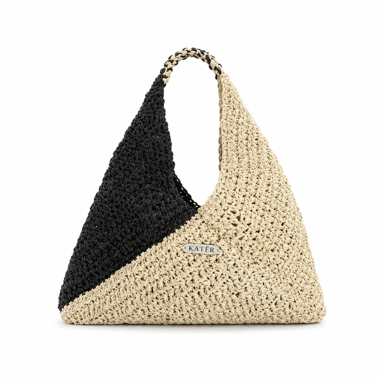 Two-tone natural beige and black triangular crochet handbag.