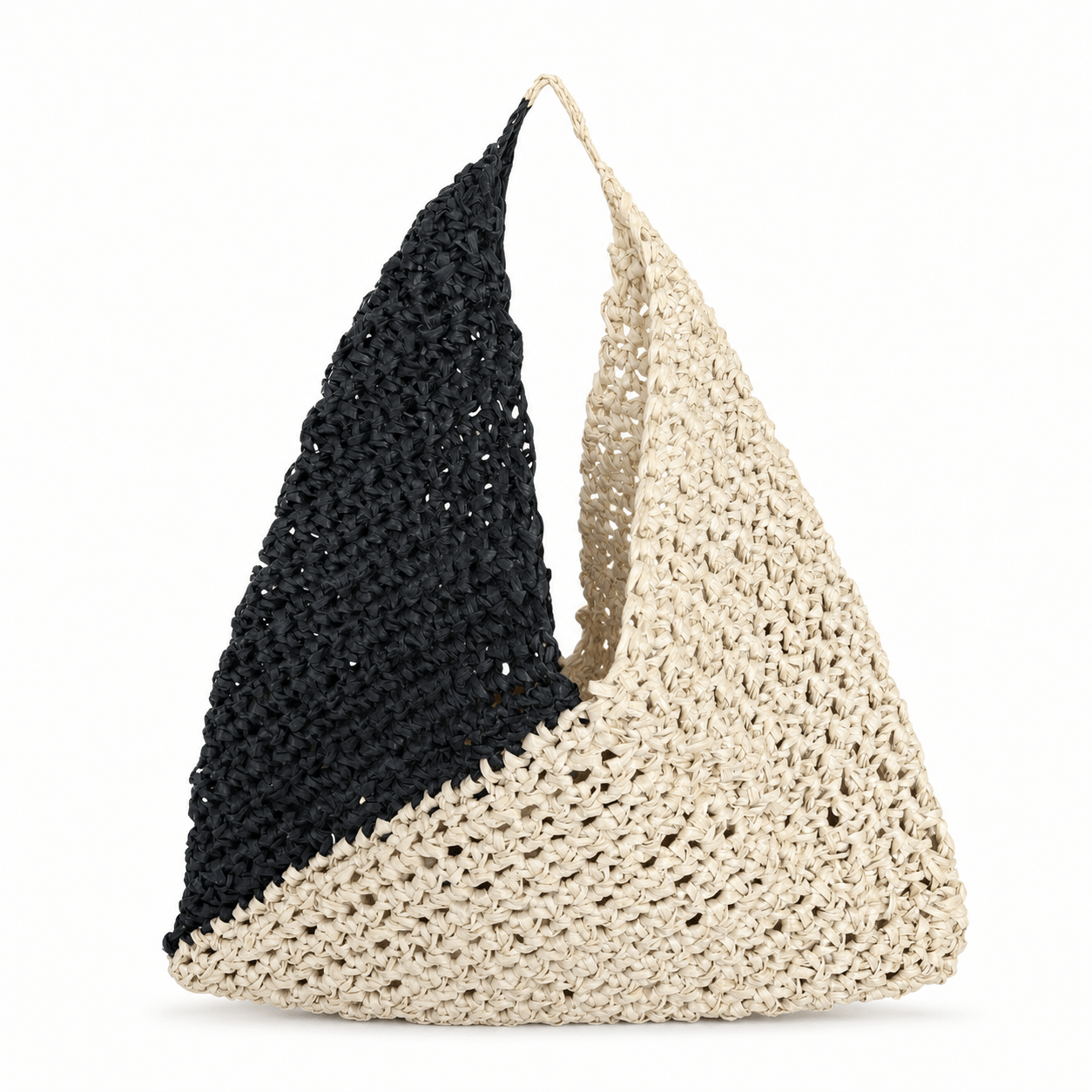 Two-tone natural beige and black triangular crochet handbag.